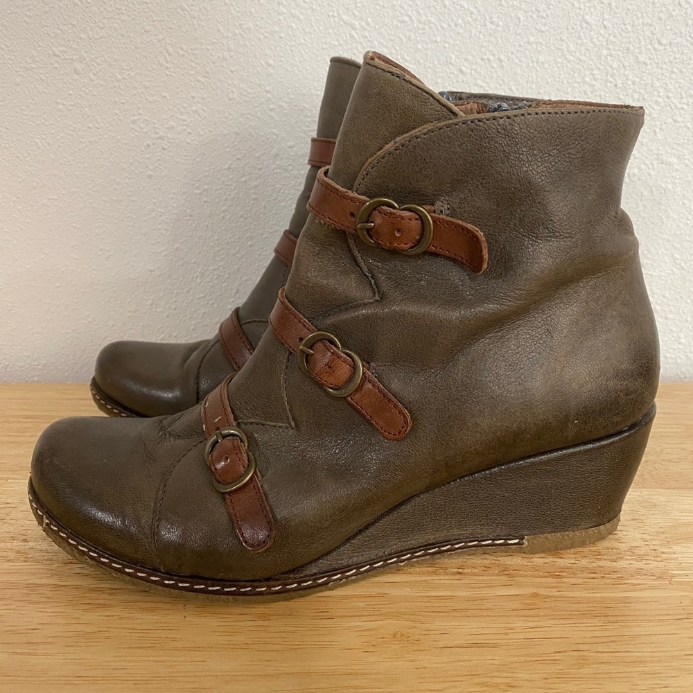 eric michael ankle boot booties‎ taupe retro steampunk wedge 37
